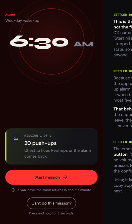 The MissionAlarm arrival screen: a large 6:30 time, a card naming the push-ups mission, and a Start mission button.