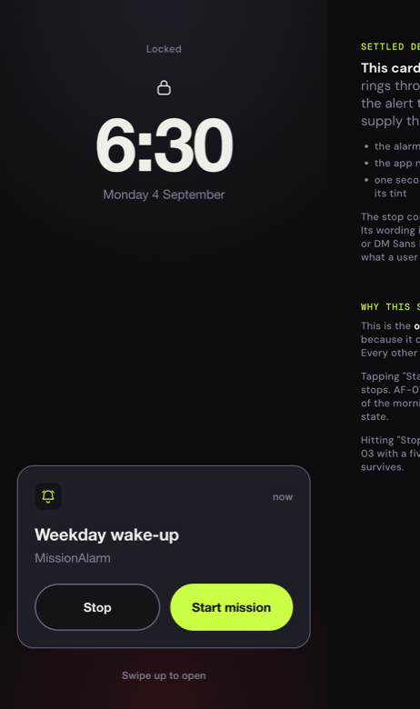 An iPhone Lock Screen at 6:30 showing the system alarm alert for an alarm named Weekday wake-up, with a Stop button and a Start mission button.