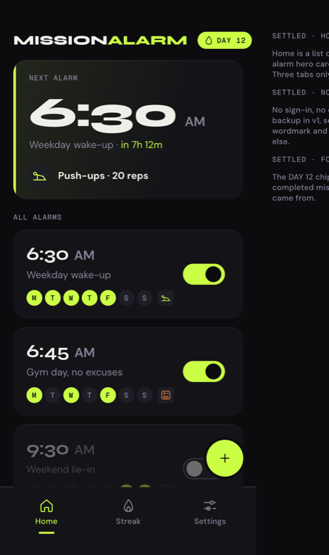 The MissionAlarm home screen: a next-alarm card showing 6:30 AM in 7 hours 12 minutes with a push-ups mission, above a list of saved alarms and a day 12 streak chip.