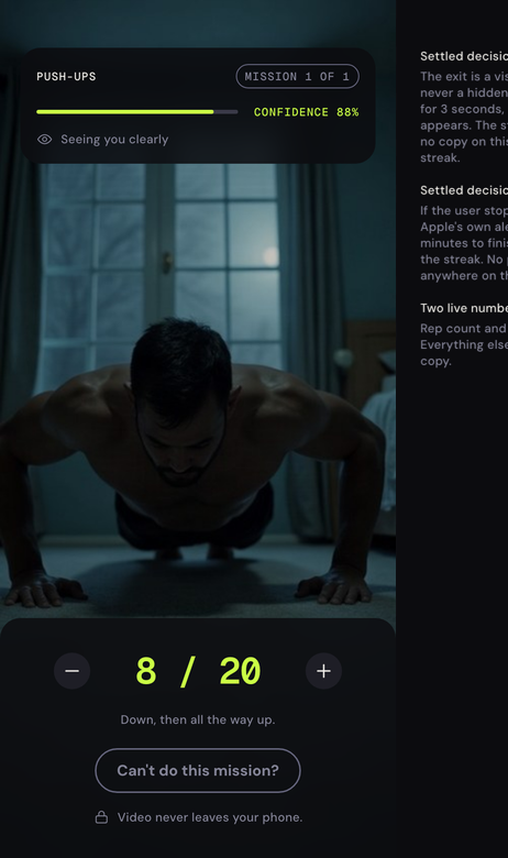 The push-up mission: a camera preview, a confidence meter reading 88 percent, a rep counter showing 8 of 20, and a labelled Can't do this mission button.
