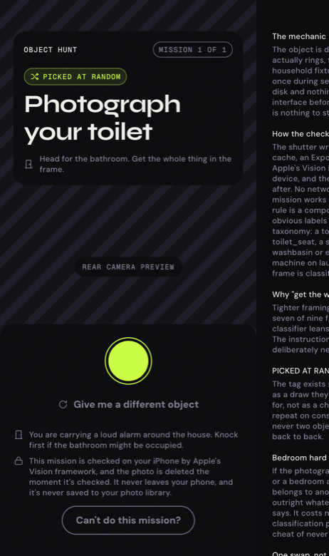 The object hunt mission: a card reading Photograph your toilet, tagged picked at random, above a camera shutter, a Give me a different object link and a labelled Can't do this mission button.