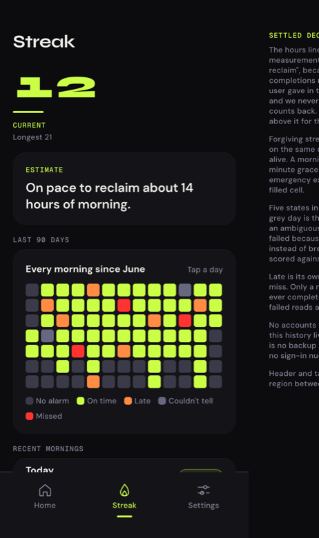 The streak screen: a 90-day heatmap of completed mornings above a list of recent mornings.